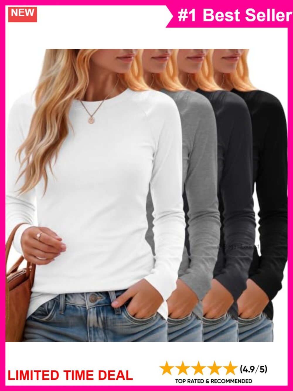 Women's Long Sleeve Cotton Blend Slim Fit Crew Neck T-Shirt 4 Pack